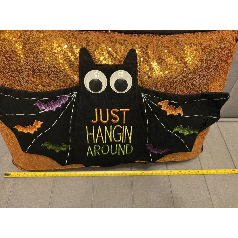 Halloween Decor Pillow Bat Just Hangin Around Purple/Orange Sequins 22 x 13